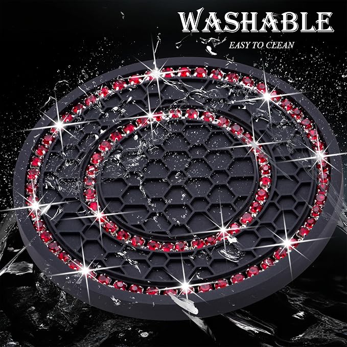 4PCS Bling Crystal Rhinestone Cup Holder Coaster, 2.75 inch Soft Silicone Anti-Slip Shockproof, Car Cup Holder Insert Coasters, Universal Car Interior Accessories for Women (Black & Red)