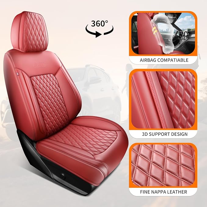 Red Burgundy Thick Nappa Leather Automotive Car Seat Covers Set of 1 | Univerasal Precision Fit,3D Contoured,Full Coverage,Waterproof,ThickTexture Nappa Leather,for most Suvs Trucks Sedans