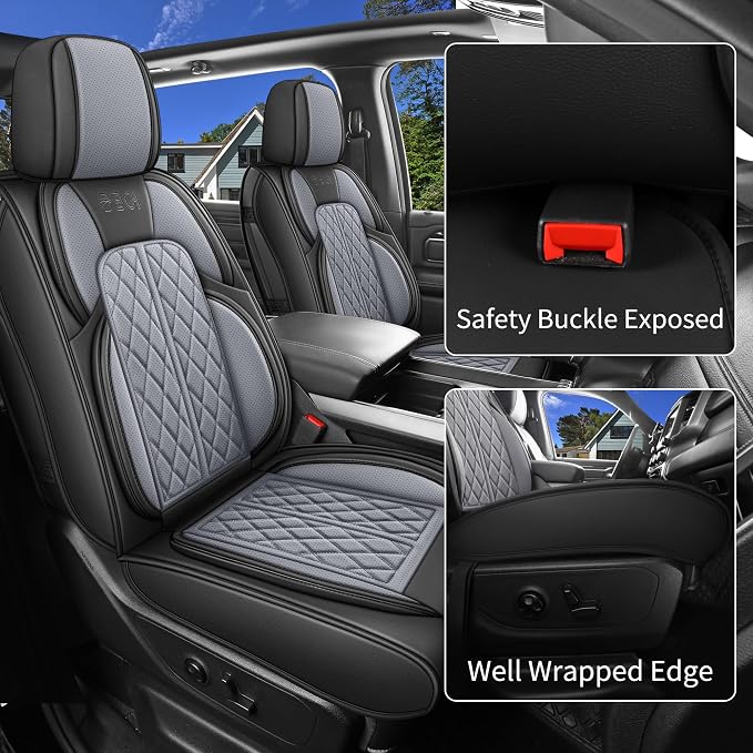 Car Seat Cover Custom Fit for Ford F150 2009-2026 Faux Leather Seat Cover Set Compatible with Regular Cab Super Cab Super Crew Pickup Truck Cushions (Black & Grey, Front Seat)