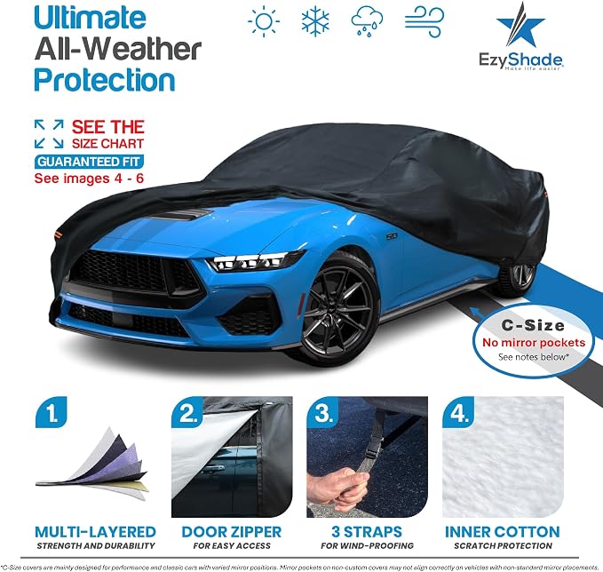 EzyShade Multi-Layer Waterproof Sports Car Cover - See Vehicle Size-Chart - All Weather Full Outdoor Covers for Automobiles - Corvette Mustang Trans Am Classic Cars - Black, Size C4 (See SizeChart)