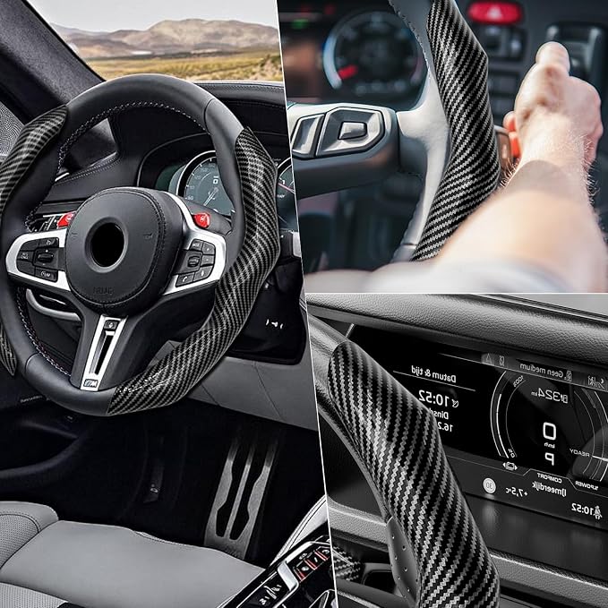 2Pcs Carbon Fiber Steering Wheel Cover, Cool Irregular Shape Grip & Anti-Slip Lining Segmented Design Steering Wheel Protector for Car Interior Accessory, Stylish & Sporty (Black)