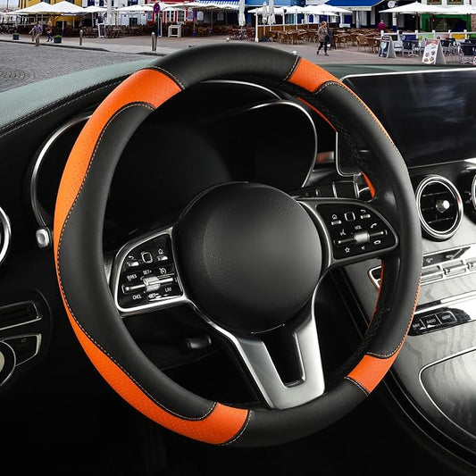 Black Orange Microfiber Leather Steering Wheel Cover 14 inch | Breathable Anti Slip Grip Cool Sporty Look Glow for Women Men
