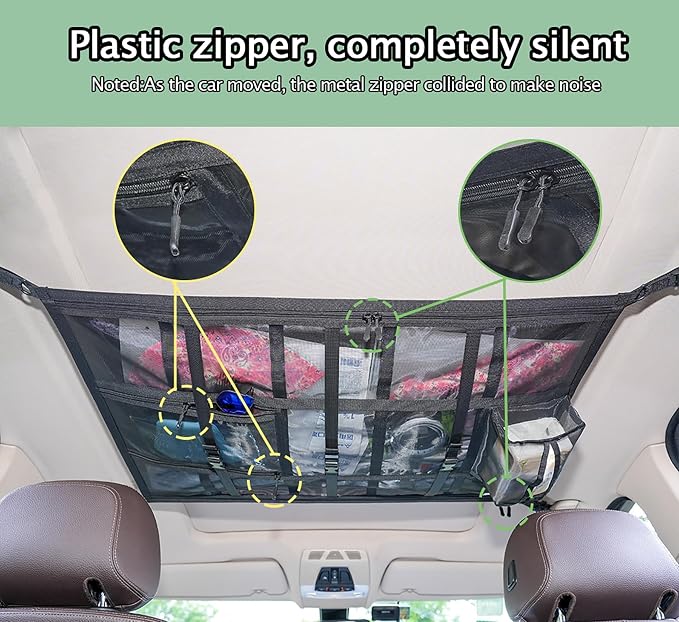 Car Ceiling Cargo Net Pocket 31"x21" Double-Layer Roof Storage for SUV Van | Heavy-duty nylon 31"x21" double-layer ceiling net, fits 4-handle SUVs & vans, holds gear for camping, road trips & van life