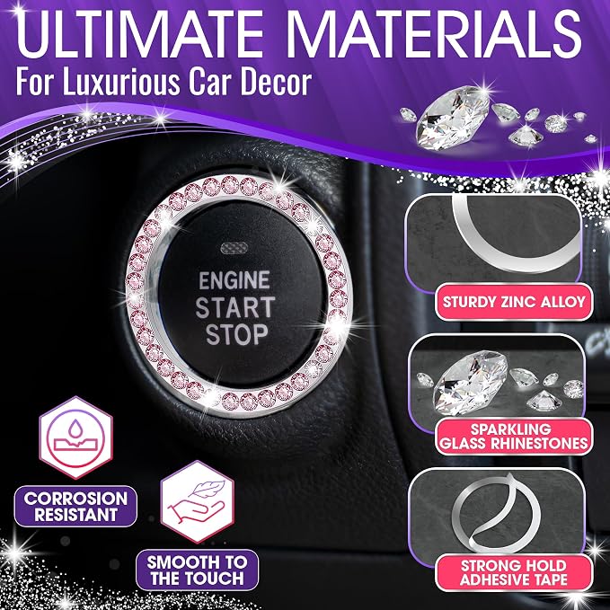 Bling Car Decor Crystal Rhinestone Car Bling Ring Emblem Sticker, Bling Car Accessories for Auto Start Engine Ignition Button Key & Knobs, Bling for Car Interior, Unique Gift for Women (Pink)