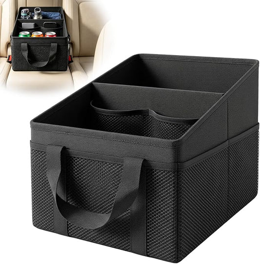 Car Seat Organizer Backseat, Car Organizer, Collapsible Small Car Seat Storage Organizer with Divide, Handles and Mesh Pockets for Front/Rear Consoles Back Seats Traveling and Storing Items