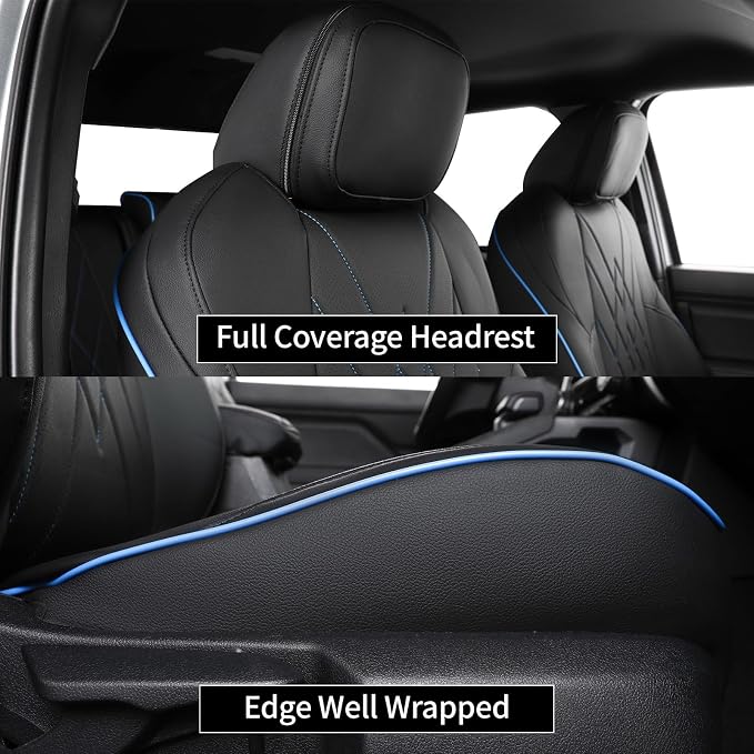 EKR Tacoma Seat Covers Custom Fit for Toyota Tacoma (Only For Hybrid)2024 2025 2026 Double cab TRD Sport/TRD Off-Road/Limited/Trailhunter -Truck Seat Cover Full Set,Faux Leather (Black with Blue Trim)