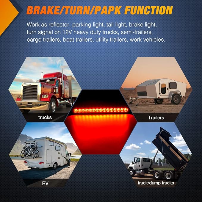Nilight Trailer Light Bar 2PCS 10" 15 LED Red Park Stop Turn Tail Lights | IP67 Waterproof Marker ID Clearance Strip For Truck Golf Cart Pickups Boats