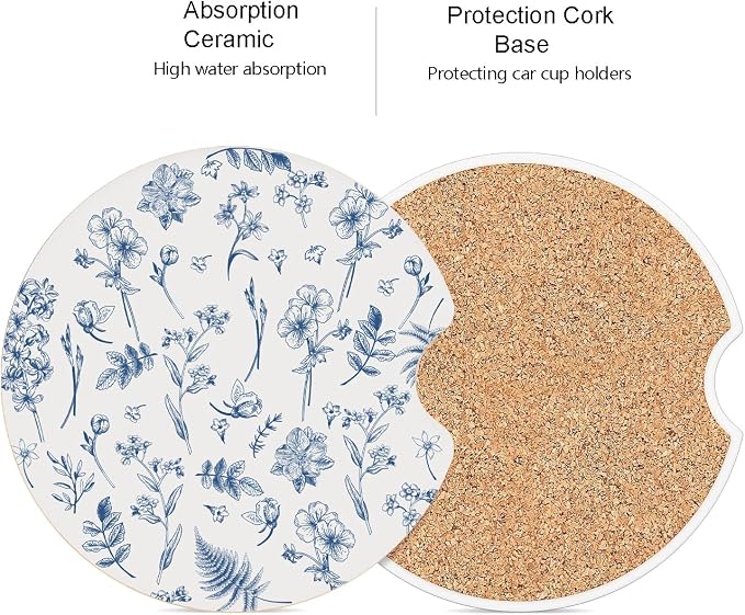 Ceramic Car Coasters – Absorbent Car Cup Holder Coaster Set for Women, Cute Aesthetic Car Accessories for Girls, 2 Pack (Dark Blue)