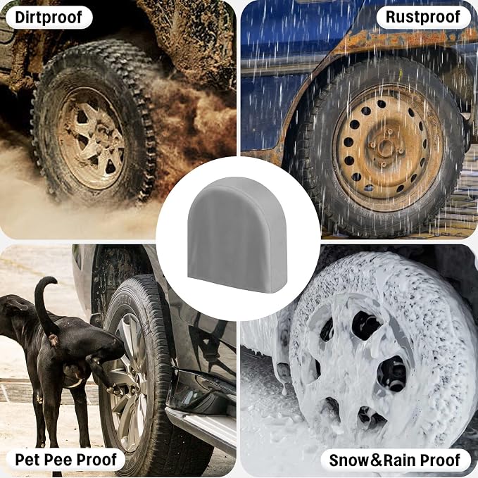 OutdoorLines Waterproof Tire Covers Set of 4 | UV Proof Trailer Wheel Cover for RV Jeep Trailer Camper Van Truck, Universal Tire Covering Fits Diameters 33"-35", Gray