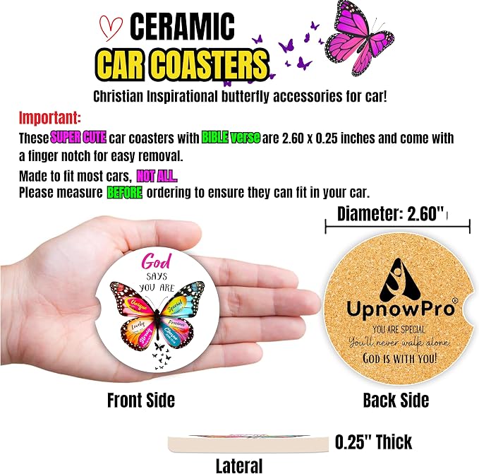 Christian Car Coasters for Cup Holders - 2 Pack Cute Butterfly Bible Verses Car Accessories for Women, Inspirational Faith Decor, Absorbent Ceramic Cup Holder Coaster for Car, Scripture Religious Gift