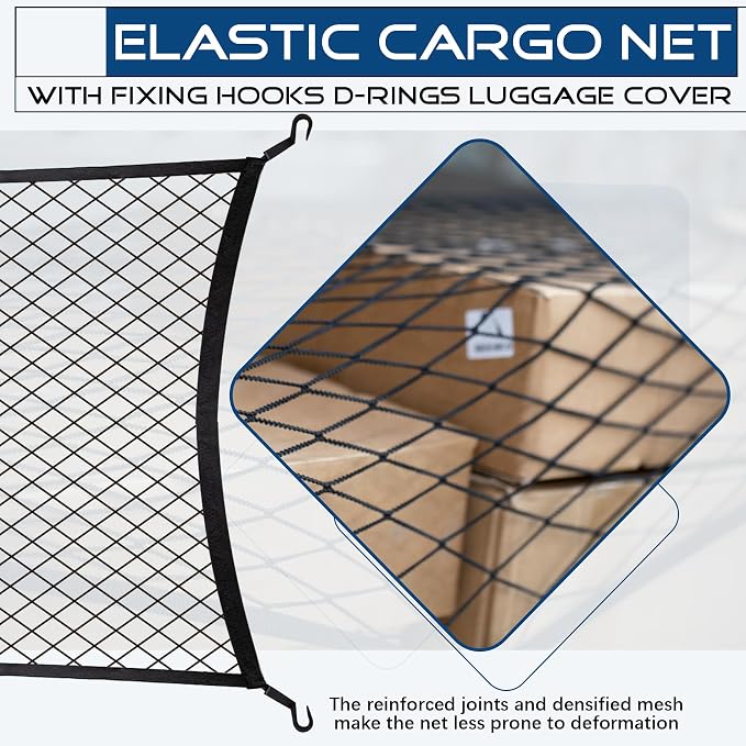 Elastic Cargo Net with Fixing Hooks D-Rings Luggage Cover for SUV Rear Trunk Bed Netting Cover ，Net Stretchable 32" x 24" Stretch to 63"x43"