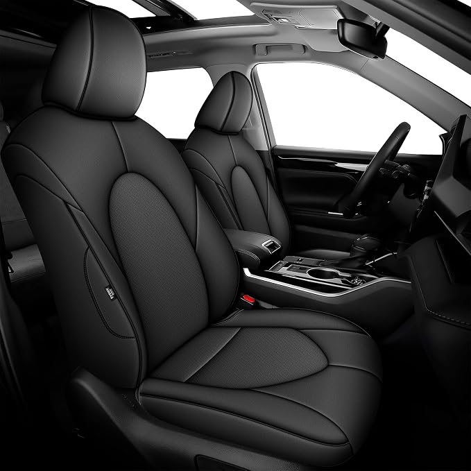 AOMSAZTO Seat Covers for Toyota Highlander 2020-2026 Full Set 3 Row 7 Seats | Custom Fit for Highlander W/Second Row Captain Chair, Full Coverage Faux Leather Car Seat Protector Compatible Airbag Black