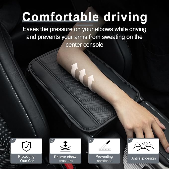 Amiss Car Center Console Cover, Upgraded Leather Car Armrest Cushion, Universal Waterproof Cushion Pad, Non-Slip Car Interior Accessories, Fits Most Sedans SUVs Trucks (Black Line)
