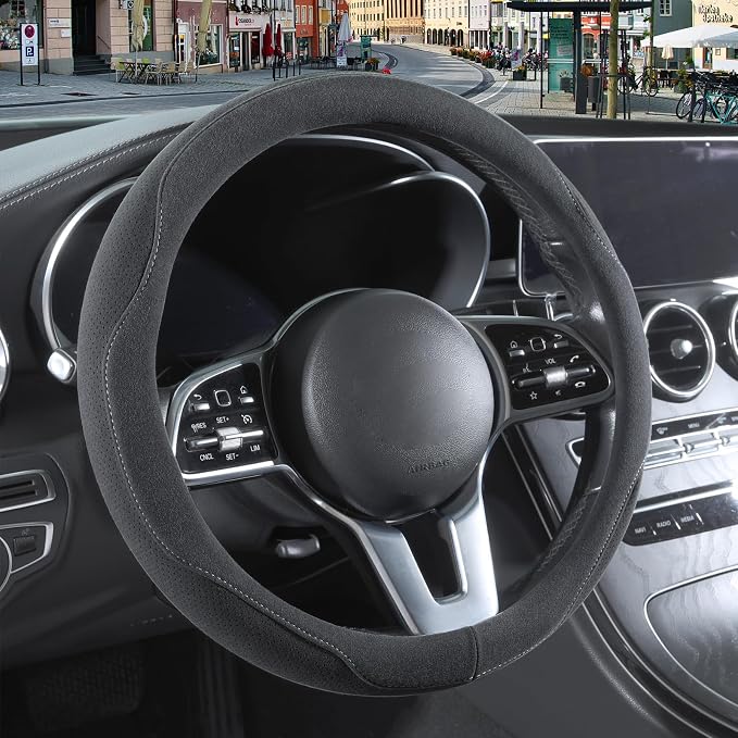 Gray Suede Steering Wheel Cover Small 13.5 inch to 14 inch | Warm in Winter and Cool in Summer, Felt Car Accessories, Breathable Non-Slip Sweat-Proof Wear-Resistant for Civic Prius