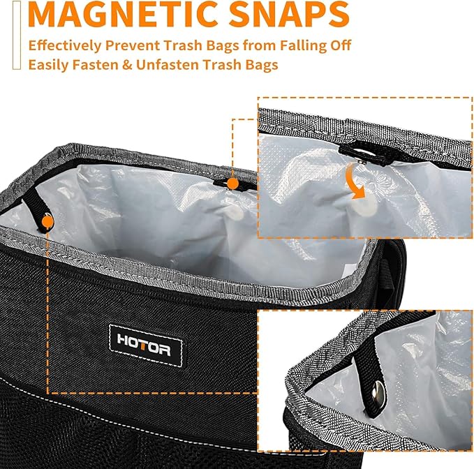 HOTOR 3 Gallons Car Trash Can, Ultra Large Capacity Organizer and Storage with Adjustable Straps & Magnetic Snaps, Waterproof Car Accessory for Interior Car Stuff Storage, Black