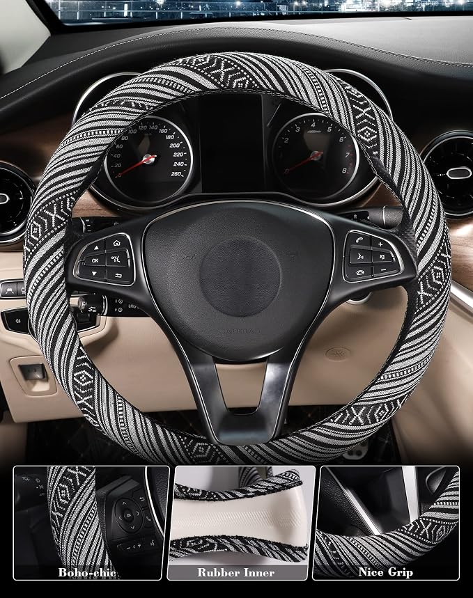 SEG Direct Boho Steering Wheel Cover, Baja Blanket Cloth, Coarse Flax | Bohemian Car Decor, Ethnic Style, Coarse Flax, Fabric Cover Fits 14 1/2-15 1/4 inches Standard Medium Size, for Women Men