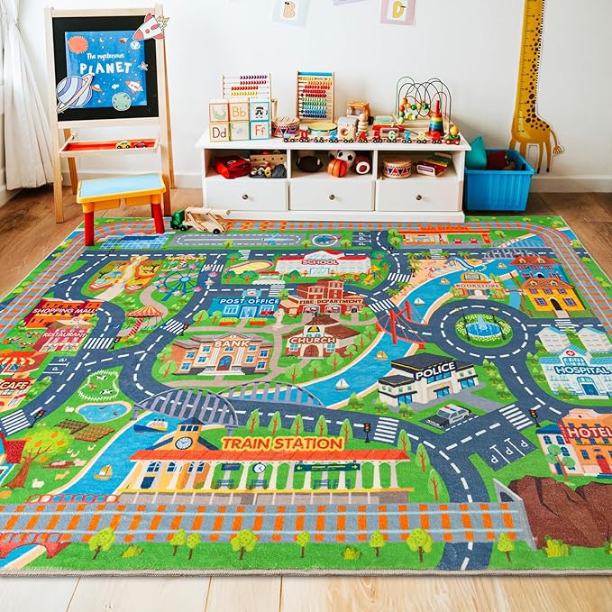 Car Rug Play Mat, Road Traffic Playmat 4'x5' | Non-Slip Machine Washable Town City Race Track Carpet for Learn and Have Fun Classroom Rugs 4'x5'/ 48" x60