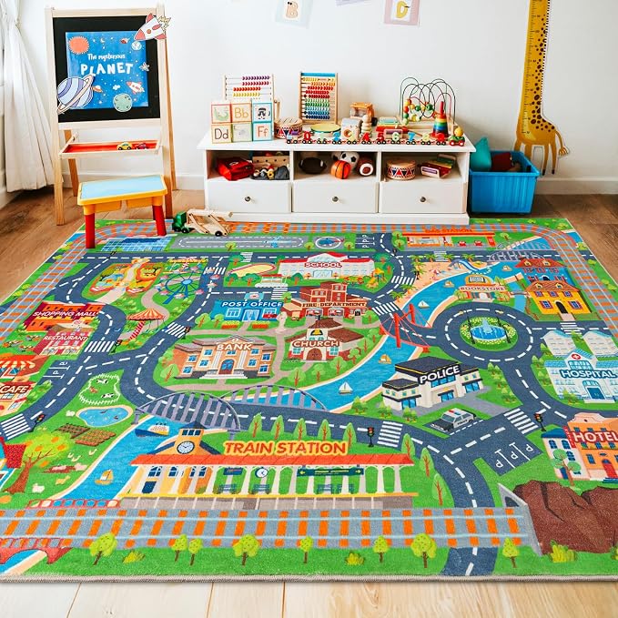 Car Rug Play Mat for Kids Toy Cars, Road Traffic Playmat for Kid Bedroom, Non-Slip Machine Washable Town City Race Track Carpet for Learn and Have Fun 3'x4'/ 36"x48"