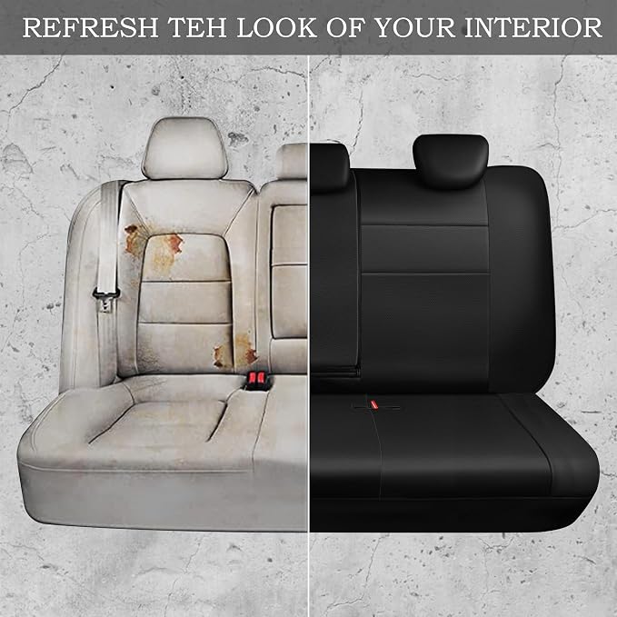 CAR PASS Leather Back Seat Cover, Universal Waterproof Bench Rear Seat Cover Zipper Split Rear Bench Protector Fit 95% Automotive Interior Covers for Cars Sedans SUVs (Rear,All Black)