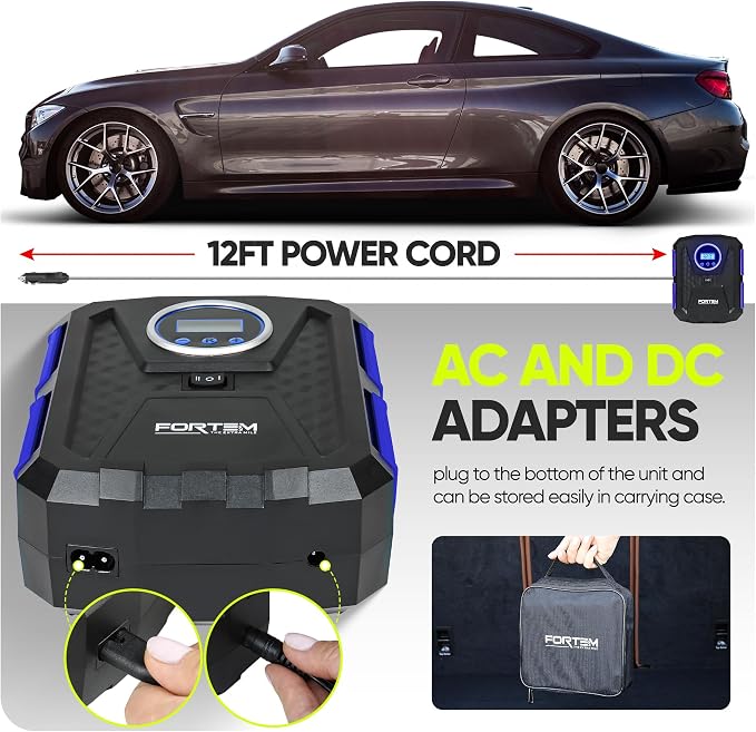 FORTEM Tire Inflator Portable Air Compressor, Air Pump for Car Tires and Bikes, Car Tire Pump w/Auto Shut Off, 150 PSI, 110V AC 12V DC, LED Light, Carrying Case, Perfect For Men, Women