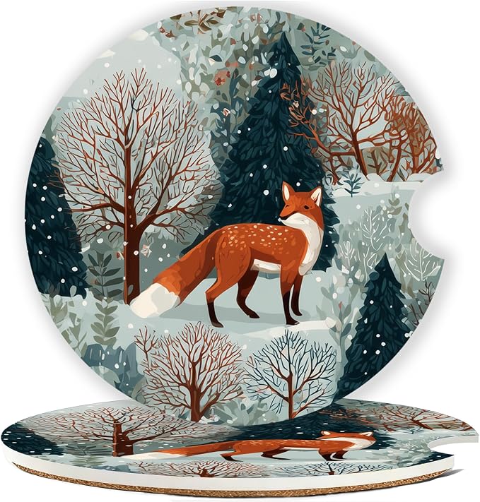 Car Cup Holder Coaster Set of 2, 2.56 in Ceramic Coasters, Scratch-Resistant Cork Backing, Finger Groove Design for Easy Placement, Cute Car Accessories Interior for Women (Snow Fox)