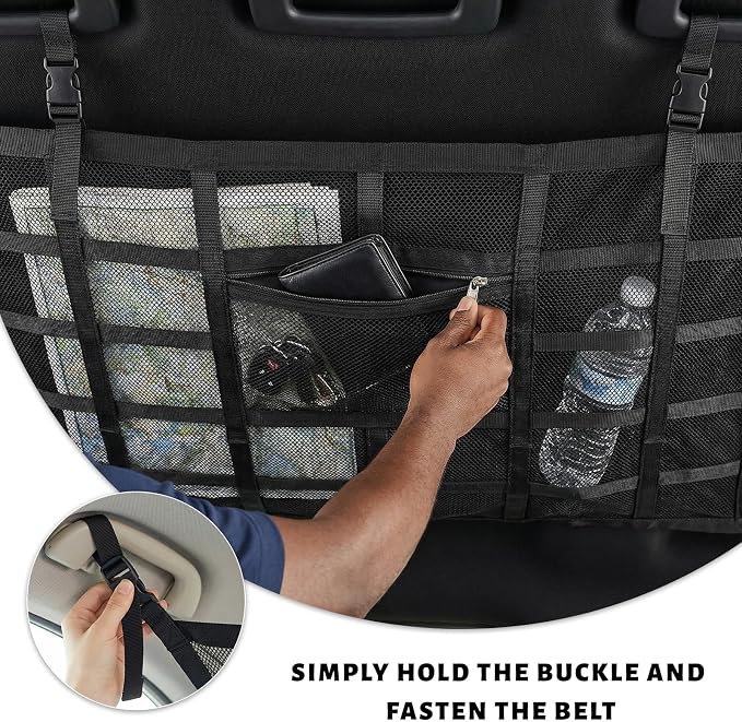 Car Ceiling Cargo Net Pocket, 35.4×25.2 Inch Double-Layer Car Roof Mesh Storage Organizer, Strengthen Load Bearing Overhead Cargo Storage Net for 4-Handle Vehicles