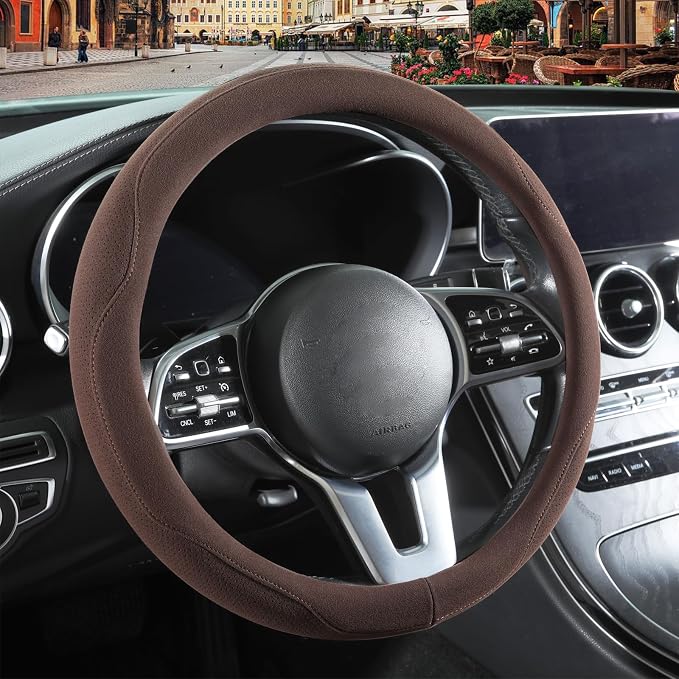 Brown Suede Steering Wheel Cover Universal 14.5 inch to 15 inch | Warm in Winter and Cool in Summer, Felt Car Accessories, Breathable Non-Slip Sweat-Proof Wear-Resistant
