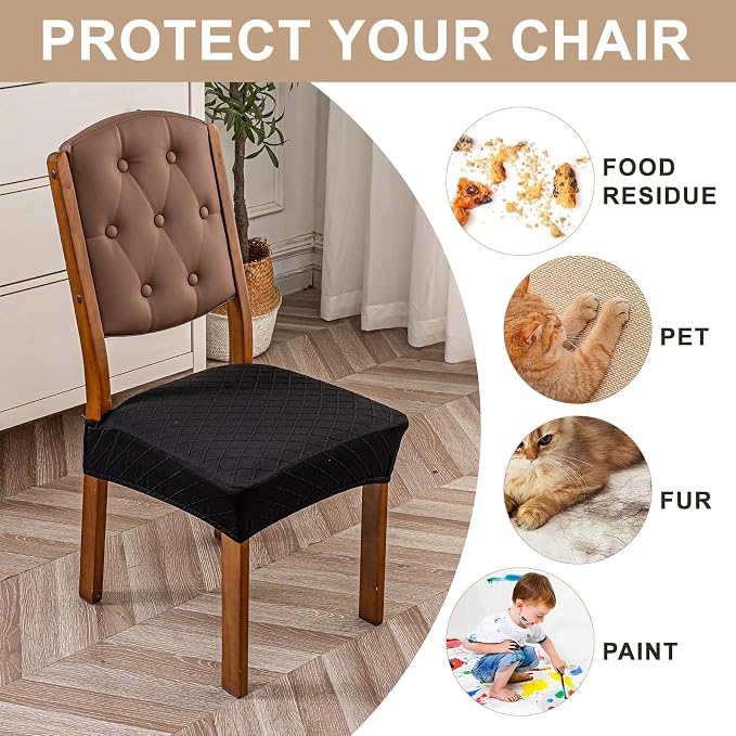 Genina Waterproof Seat Covers for Dining Room Chairs Covers Dining Chair Slipcovers Protector, No Rear Covers (Black, 6 Pcs)