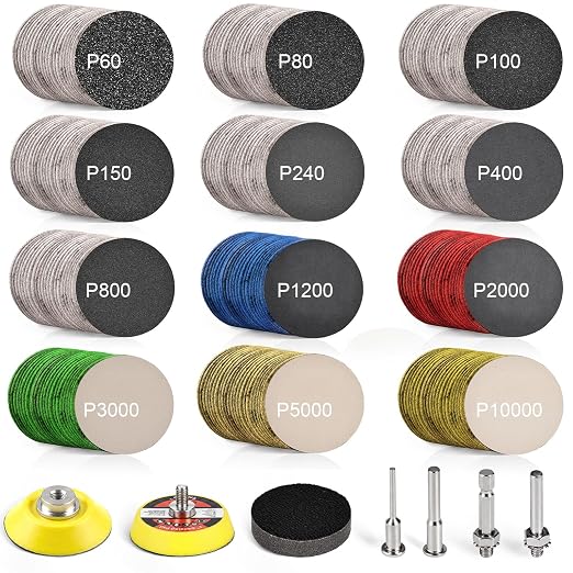 187 PCS 2 Inch Wet Dry Sanding Discs 60-10000 Grit Hook and Loop Sandpaper | Drill Sanding Attachment Polishing Kit Headlight Restoration Kit with Rotary Tools for Auto Metal Glass Resin Wood Jewelry