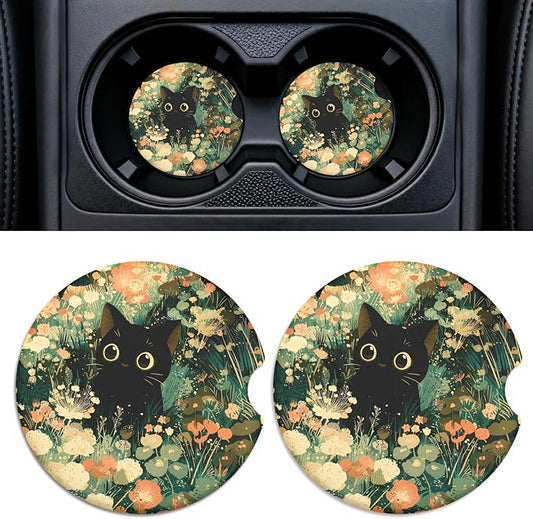 2 Pack Ceramic Car Coasters for Cup Holder, 2.56 in Anti Slip Absorbent Coaster with Cork Base and Finger Notch, Funny Cute Car Accessories for Women, One Cat