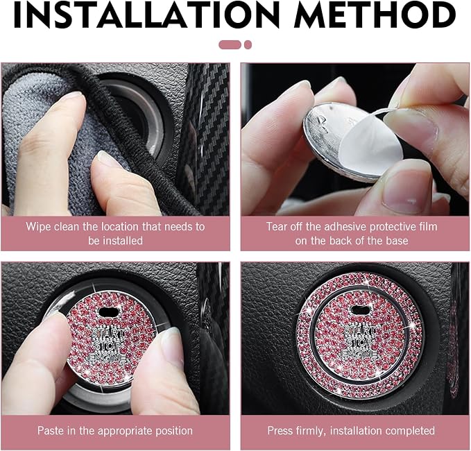 Crystal Rhinestone Car Engine Stop Decoration Ring Sticker, Sparkling Rhinestone Push Start Button Decorative Cover, Bling Interior Accessories for Women, Universal for Most Car (Pink)