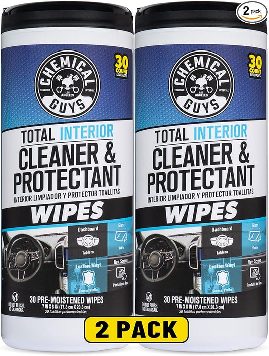 Chemical Guys Total Interior Cleaner and Protectant Canister Wipes 2-Pack | For cars, trucks, and RVs, 60 count multi-surface wipes, 2-canister pack, multi-surface interior cleaning