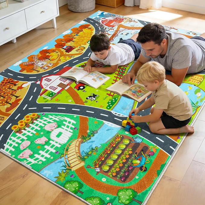 Car Rug Play Mat for Kids Toy Cars, 7' x 9' Town Country Barn Track Four Seasons Farm Theme Traffic Carpet, Non-Slip Washable Area Rug for Kids Room Bedroom Play Area, Fun Learning Rugs for Children