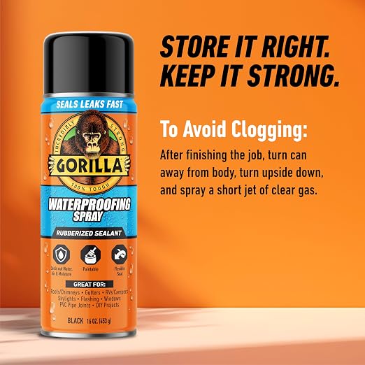 Gorilla Waterproofing Spray Black, Flexible Rubberized Sealant Coating, Paintable UV Resistant, Seals Water Air Moisture, 16 oz (Pack of 6), for Roofs Gutters Skylights RVs Windows & More