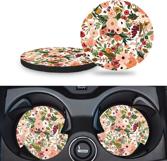 Car Cup Holder Coasters, 2 Pack – 2.75" Universal Auto Anti-Slip Insert Coaster, Rubber Car Coasters, Personalized Car Accessories for Women (Burgundy Flowers)