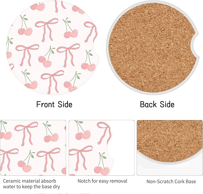 Cute Cherry Car Coasters,Absorbent 2 Pack for Cup Holders with Finger Notch,2.56 inches Ceramics Heat Resistant Anti Slip Cork Base Car Drinks Coasters Auto Cup Holder