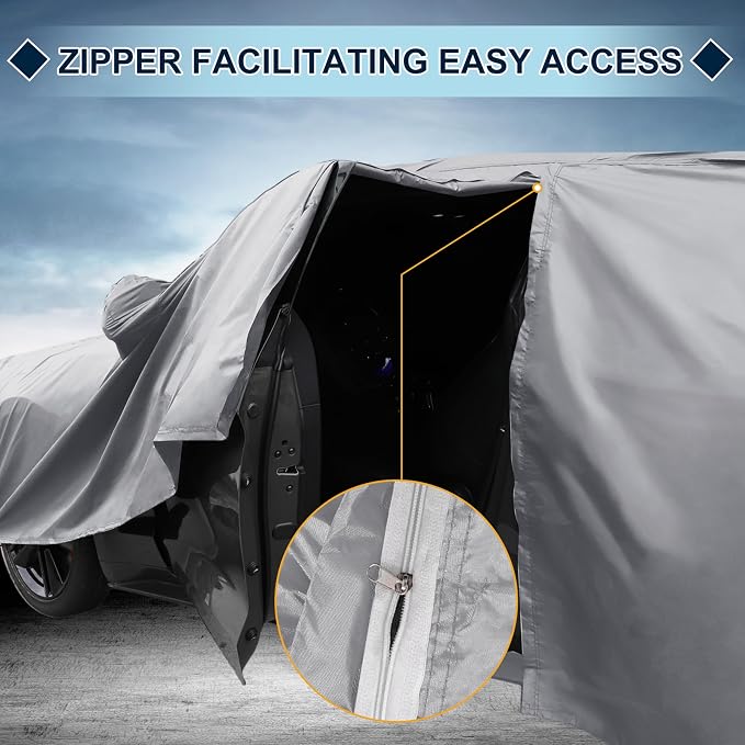 Silver Tone Heavy Duty Waterproof Car Cover for SUV 191"-199" - All-Weather UV Protected Outdoor Full Exterior Cover with Sun/Snow/Rain Resistance