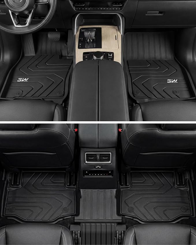 3W Floor Mats & Backrest Mats & Cargo Mats for Mazda CX-90/CX-90 PHEV 2026 2025 2024 7 Seats with 2nd Row Bucket Seats, All Weather TPE Custom Fit Floor Liners Accessories