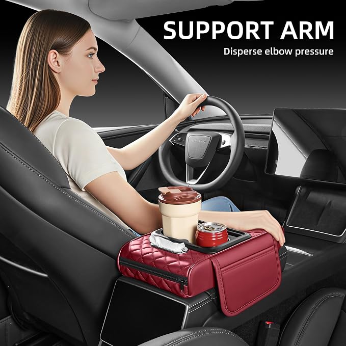 5 in 1 Nappa Leather Console Armrest Cover, Burgundy | Built-in cup holder, tissue slot, phone holder & 2 storage pockets, practical car accessories fit SUV sedan truck
