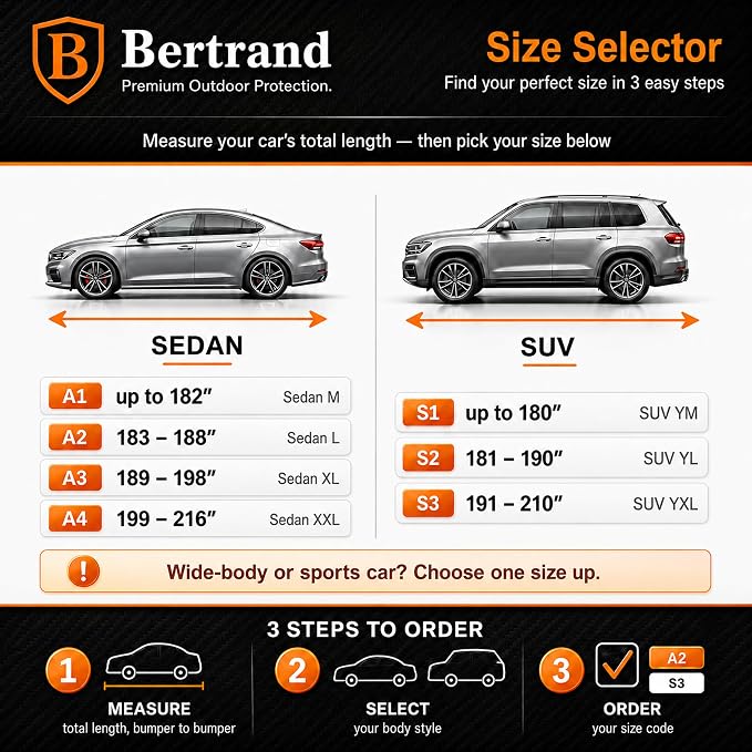 BERTRAND Heavy Duty Sedan Car Cover Waterproof All Weather - Snow, Rain & UV Outdoor Protection | Cotton-Lined, Up to 10-Point Anchoring + Door Zipper | Large Sedans, Silver-Black (185x71, A2)