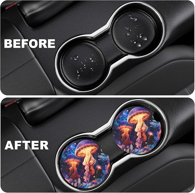 2 Pack Car Cup Holder Coaster, 2.63 inch Anti Slip Insert Absorbent Ceramic Car Coaster with Cork Base and Finger Notch, Cute Car Accessories Interior for Women, Cute Car Coasters.
