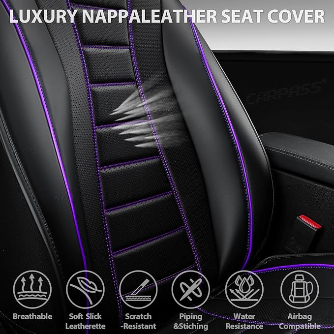 CAR PASS Universal Fit Piping Leather Seat Covers for Cars SUV Truck, Waterproof Nappa Leather Car Seat Covers Full Set, 3D Foam Seat Cover Luxury&Comfort&Durable Airbag Compatible,violet purple black