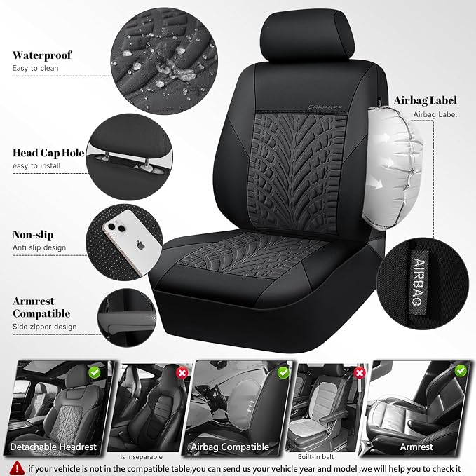 CAR PASS Neoprene Waterproof Seat Covers Full Sets, Wetsuit Car Seat Covers 5 Seats Universal Fit Vans, Truck, SUV, 3D Tyre Embossed Seat Covers Anti Slip with Armrests, Aibag Compatible(Black Gray)