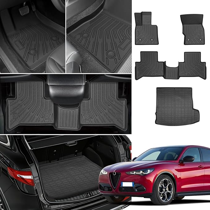 Floor Mats for Alfa Romeo Stelvio & Stelvio Quadrifoglio 2018-2025 | Floor Mats for Stelvio Base Ti Veloce, 2 Row Floor Mats & Cargo Mat(with Subwoofer), TPE Anti-Slip Stelvio Mats Accessories