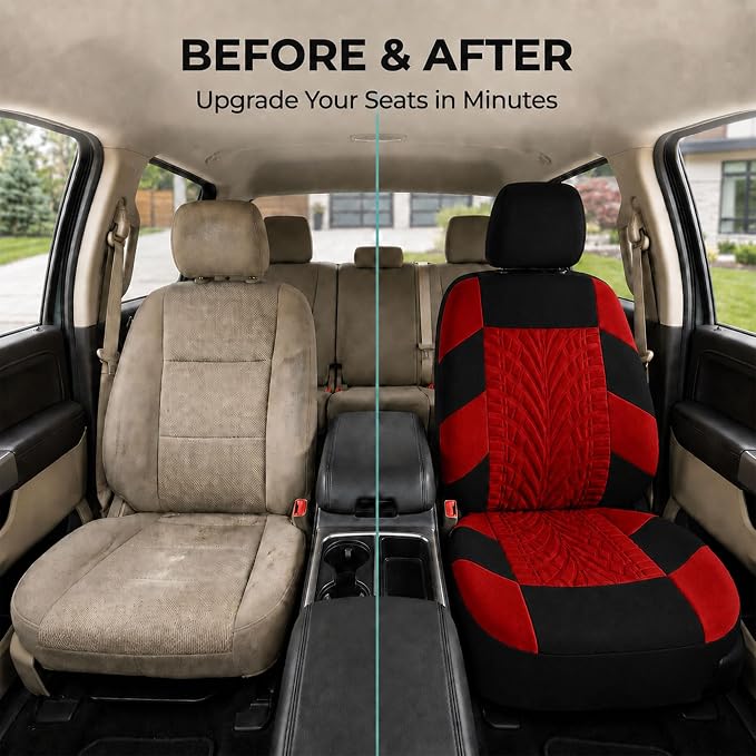 FH Group Car Seat Covers Full Set Premium Cloth - Universal Fit,Automotive Seat Cover,Low Back Front Seat Covers,Airbag Compatible,Split Bench Rear Seat,Washable Seat Cover for SUV,Sedan Red