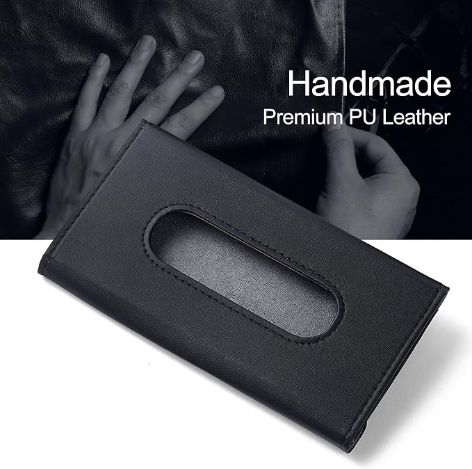 Car Tissue Holder, Upgraded Version Hanging Tissue Holder in Car, Premium PU Leather Cars Napkin Holder for Universal Auto, Easy to Use (Black)
