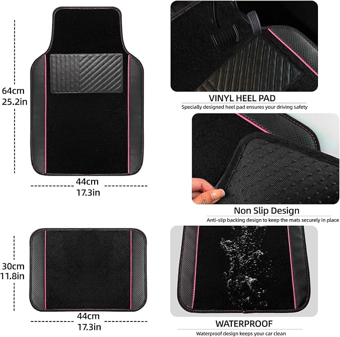 NBTEPEM Waterproof Universal Fit Car Floor Mats, Faux Leather Sporty Car Carpet Mats with Anti-Slip Nibbs Backing & Driver Heel Pad Fit for SUV, Vans, Sedans, Trucks, Set of 4 (Black with Pink line)