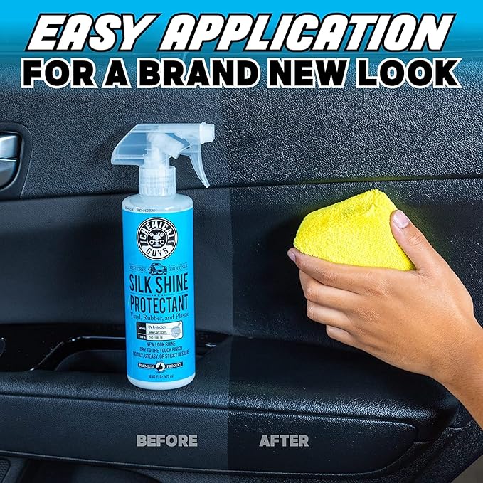 Chemical Guys, Silk Shine Vinyl, Rubber & Trim Dressing, Non-Greasy, 16 oz | Dries to a natural satin look with no greasy sling, works indoors and out on dashboards, door panels, bumpers and tires