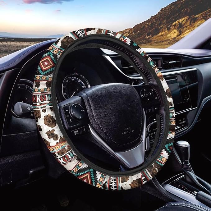 Wanyint Car Steering Wheel Cover 15 Inch Universal Breathable Soft Anti-Slip Auto Accessories Steering Wheel Protector Fit for Most Vehicles, Aztec Geometric Cow Print