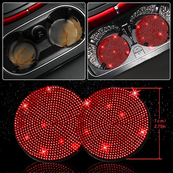 NBTEPEM 30 Pcs Red Bling Car Accessories Set for Women, Red Steering Wheel Cover Set, Bling Console Cover, Seat Belt Cushion, Shift Knob Cushion, Cup Holder Coaster, Rhinestone Car Hanging Accessories